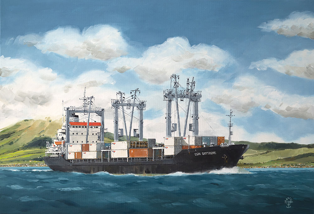 H-20.017 - Le "CGM Bretagne" aux Antilles. Huile sur toile 73x50 cm - Col. particulière