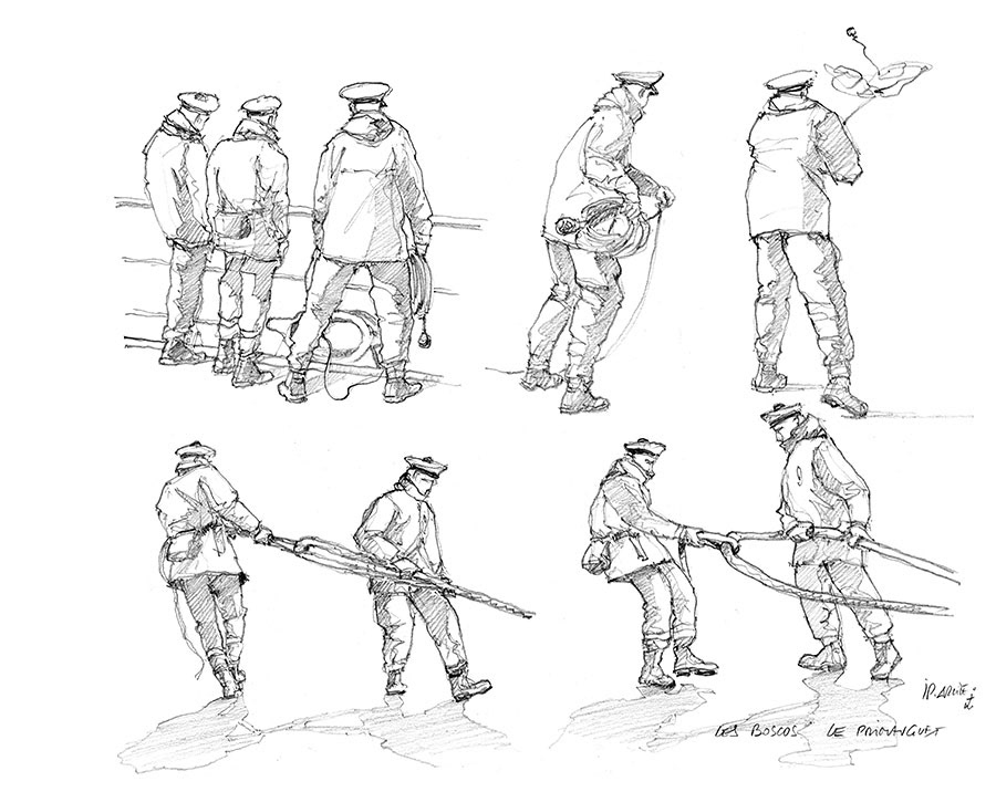 Crayonnés FASM Primauguet. Au poste de manœuvre