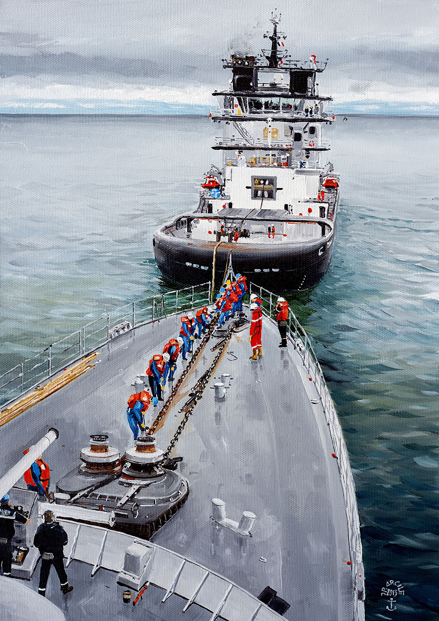 Réf. H-13.066 - Exercice de prise de remorque sur le "La Motte-Picquet" avec "l'Abeille Liberté" au large du Cotentin. Huile sur toile 33x46 cm