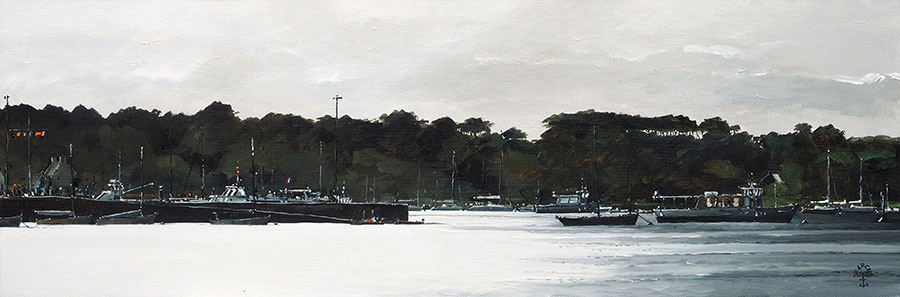 Réf. H-18.062 - Un éclairage de fin de journée sur le port, Ile aux Moines. Huile sur toile 75x25 cm - 900 € - Col. Particulière