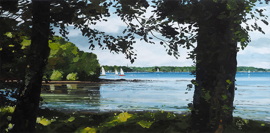 Réf. H-18.025 - A travers les arbres du Guéric, Ile aux Moines. Huile sur toile 80x40 cm - Col. particulière