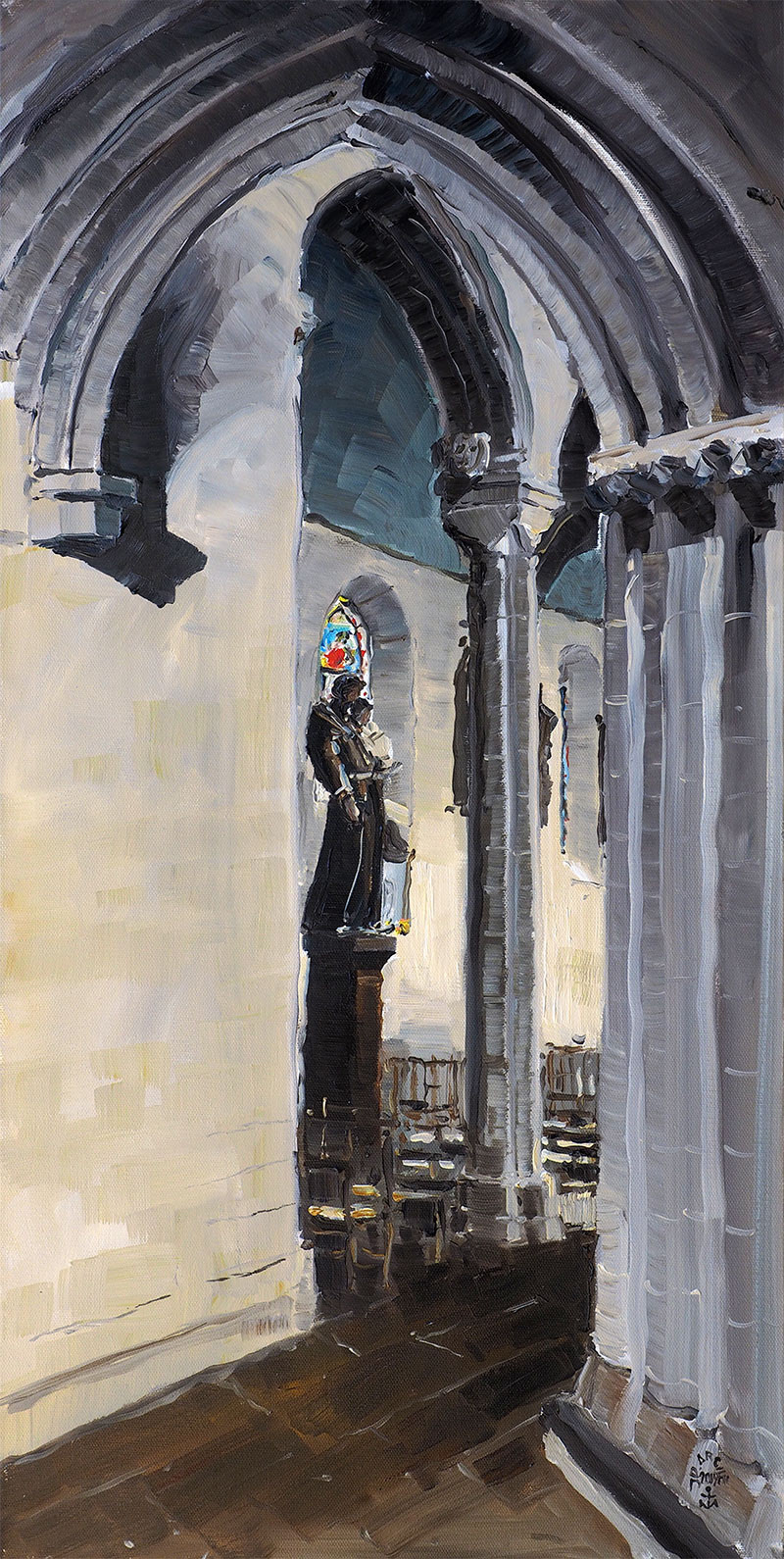 Réf. H-15.050 - Intérieur de la Collégiale Notre-Dame de Roscudon à Pont-Croix (Cap Sizun). Huile sur toile 40x80 cm