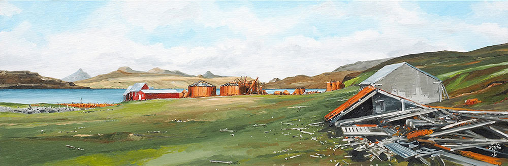 Réf. H-17.006-Le site de l'ancienne station phoquière de Port-Jeanne-d'Arc - Archipel des Kerguelen. Huile sur toile 90x30cm
