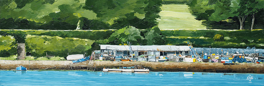 Réf. H-17.042 - Le coin des retraités au Trech' - Ile aux Moines. Huile sur toile 75x25 cm - 750 €