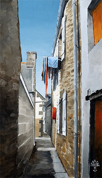Réf. H-22.042 - L'enfilade de la rue Gradlon, île de Sein. Huile sur toile 20x40 cm - 450 €