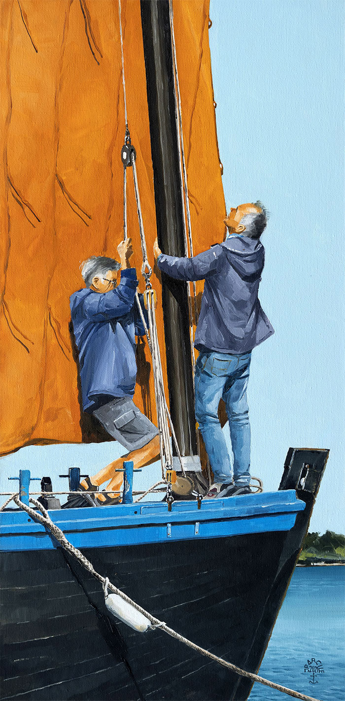 Réf. H-21.009 - A envoyer la misaine sur le "Crialeïs". Huile sur toile 30x60 cm - Col. Particulière