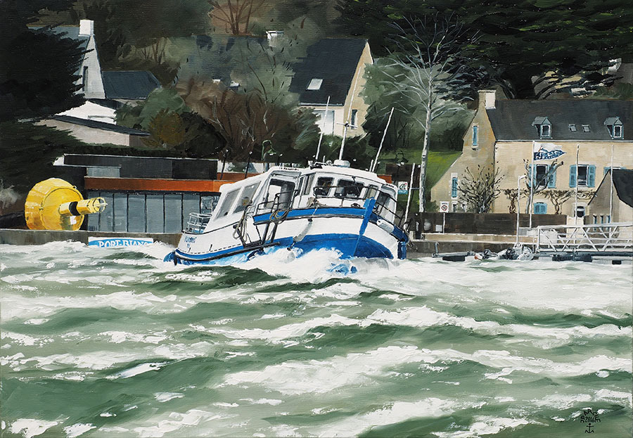 Réf. H-16.046 - Départ de Port-Blanc agité, Port-Blanc/ Ile aux Moines. Huile sur toile 65x46cm - Col. Particulière