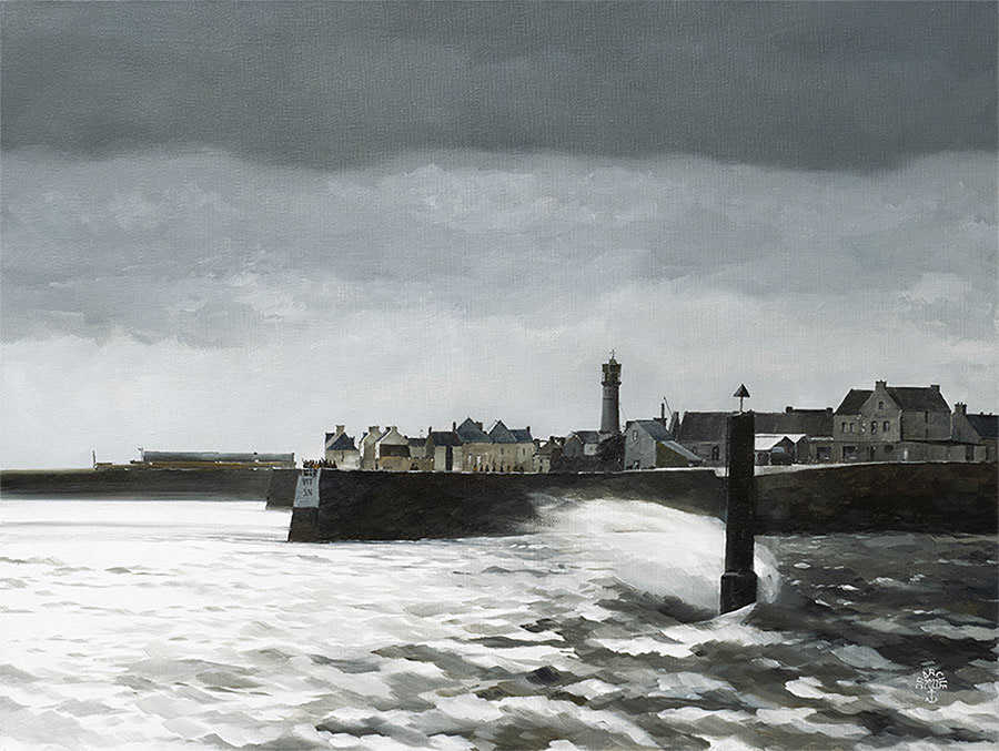 Réf. H-22.011 - Les derniers saluts à l'Enez Sun pour une traversée mouvementée, île de Sein. Huile sur toile 61x46 cm - 1500 €