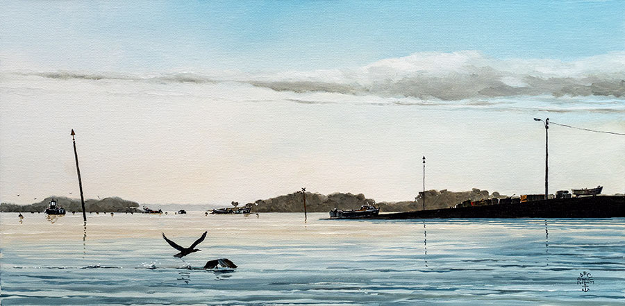 Réf. H-24.002 - Les cormorans du Trech'. Ile aux Moines. Huile sur toile 60x30 cm. Col. particulière
