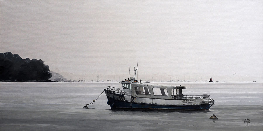 Réf. H-18.015 - L'île aux Moines au mouillage à la belle saison, Port-Blanc. Huile sur toile 80x40 cm - Col. particulière