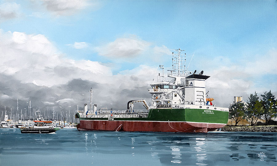 Réf. H-19.051 - Le "André L. en déchargement au poste sablier des Sables d'Olonne. Huile sur toile 55x33 cm - Col. Particulière