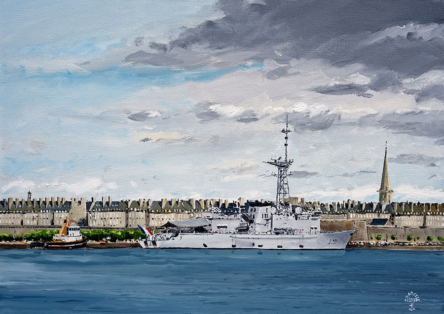 Réf. H-13.067 - Le "La Motte-Picquet" dans le port de St-Malo. Huile sur toile 46x33 cm