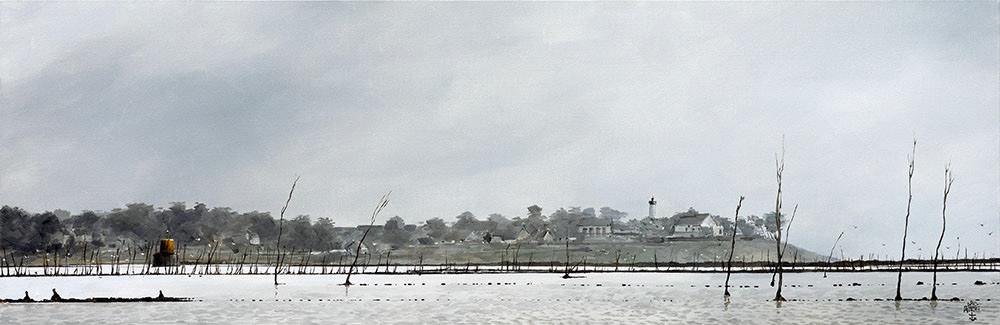 Réf. H-25.002 - Parc à huîtres face à Port-Navlo. Huile sur toile 90x30 cm. Collection particulière
