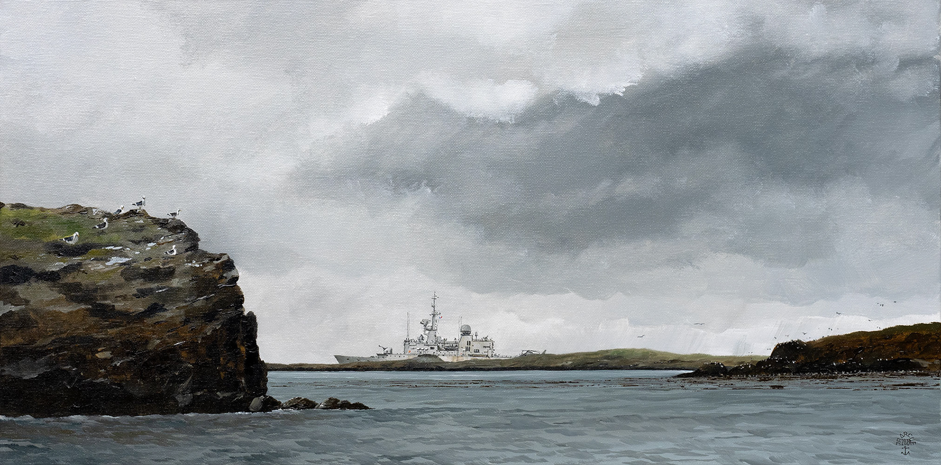 H-23.008 - Une frégate de surveillance en transit dans l'archipel des Kerguelen. Huile sur toile 80x40 cm. 1450 €