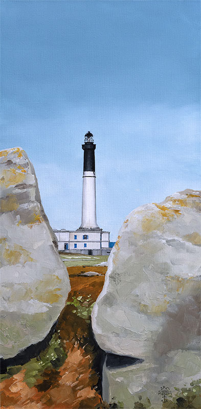 Réf. H-22.017 - Le phare de l'île de Sein entre les rochers. Huile sur toile 30x60 cm - 850 €
