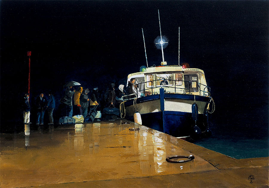 Réf. H-15.019 - Le passeur de nuit sous la pluie - Ile aux moines. Huile sur toile 65x46 cm - Col. Particulière