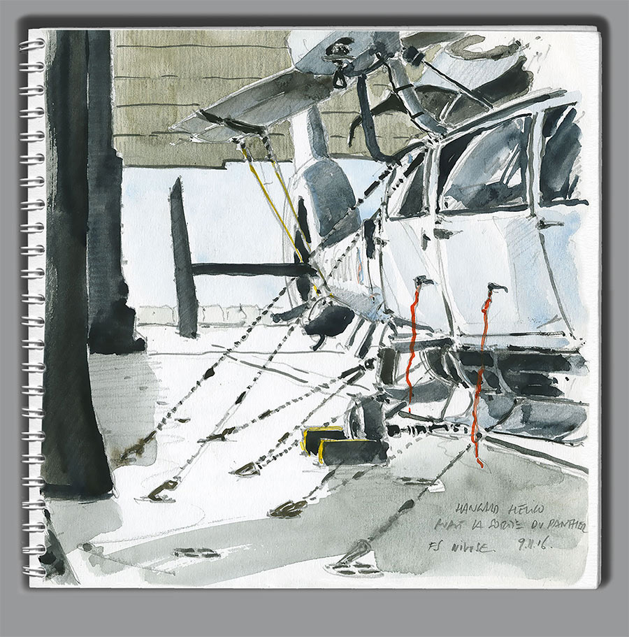 Croquis FS "Nivôse". Le Panther danCroquis FS "Nivôse". Dans le hangar hélico avant la sortie du Panthers le hangar