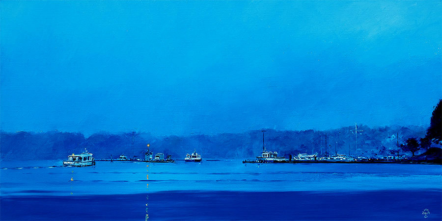 Réf. H-14.008 - La barge et le passeur de l'ile aux moines au petit matin. Huile sur toile 100x50 cm - Col. Particulière