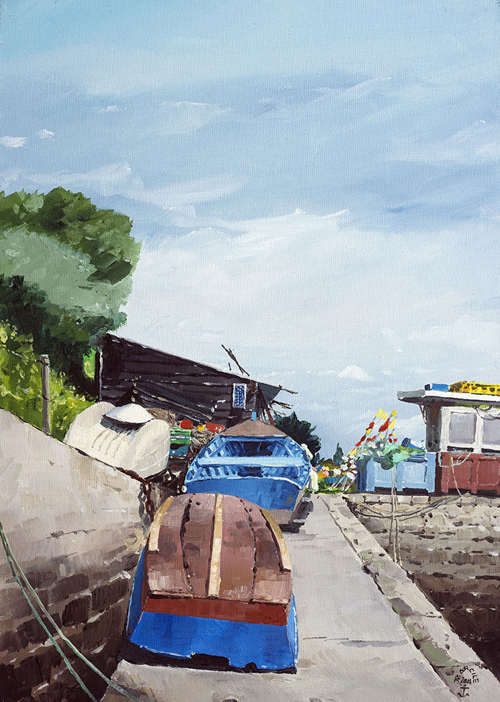 Réf. H-14.016 - Les plates sur la cale - Le Trech'. Huile sur toile 46x33 cm - Col. Particulière