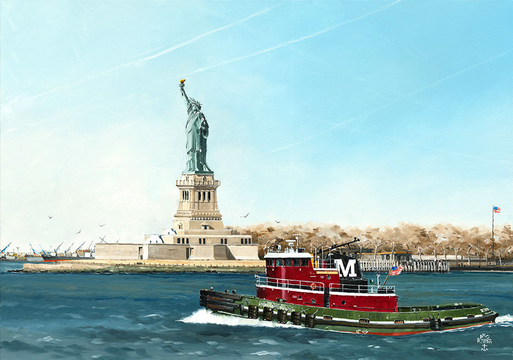 Réf. H-19.003 - La statue de la Liberté et remorqueur. New-York. Huile sur toile 65x46 cm. Col. particulière