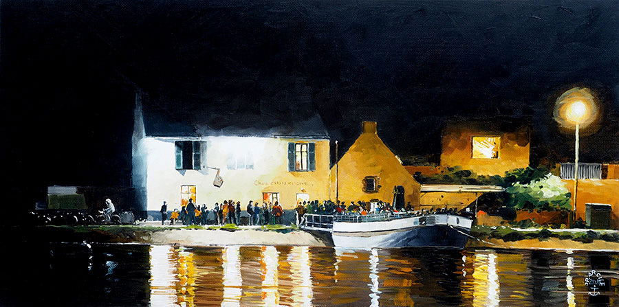 Réf. H-18.026 - Soirée sur la route et sur la barge "Chez Charlemagne", Ile aux Moines. Huile sur toile 60x30 cm - Col. Particulière