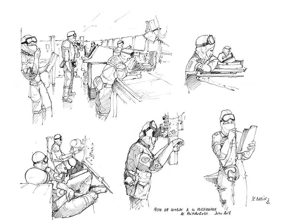 Crayonnés FASM Primauguet. Poste de combat en passerelle