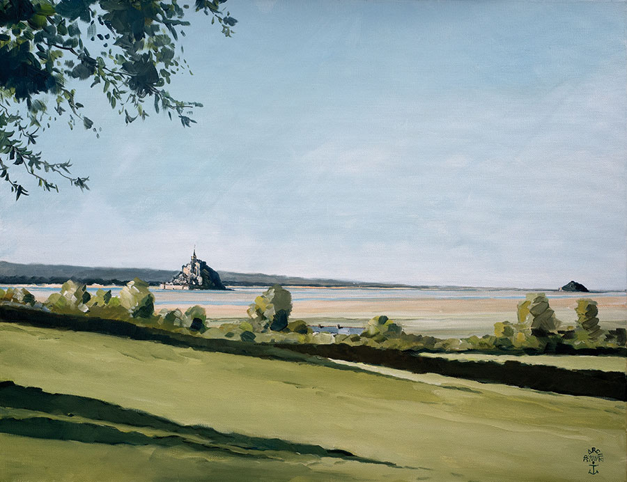 Réf. H-19.055 - Le Mont-Saint-Michel, vue de Vains (50). Huile sur toile 65x50 cm - 1600 €