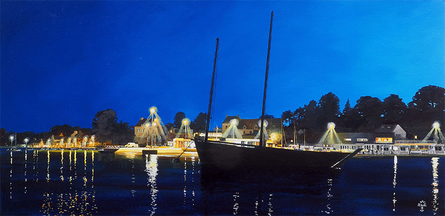 Réf. H-15.035 - Le Sinago "Crialëis" à son moullage la nuit. Ile aux Moines.. Huile sur toile 100x50 cm - Col. Particulière