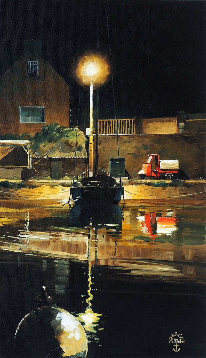 Réf. H-16.032 - Sous le réverbère, Ile aux Moines. Huile sur toile27x46  cm - Col. Particulière