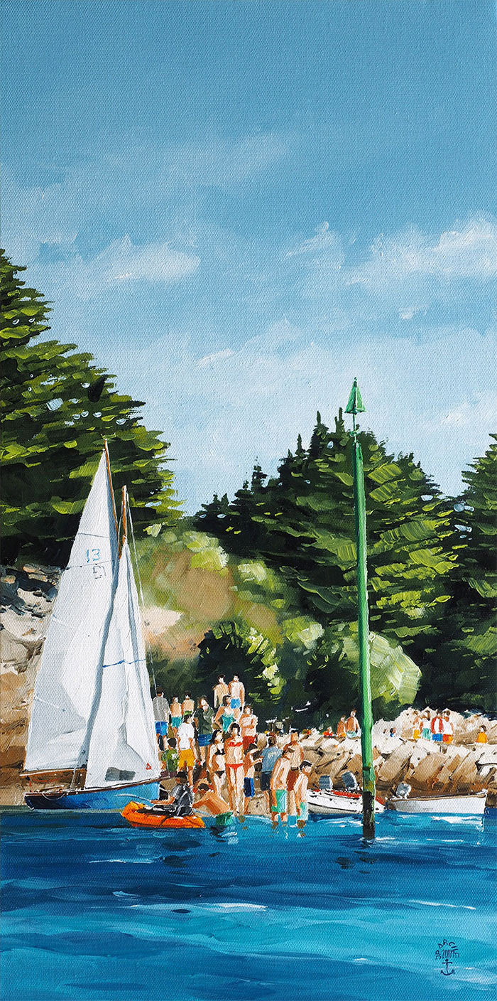 Réf. H-17.043 - Embouteillage de saison sur la cale du Goret - Ile aux Moines. Huile sur toile 30x60 cm - 600 €