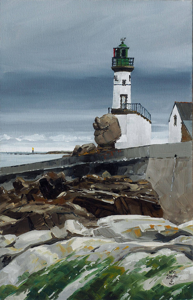 Réf. H-15.054 - Le phare de Men-Brial, Ile de Sein. Huile sur toile 27x41 cm - Col. Particulière