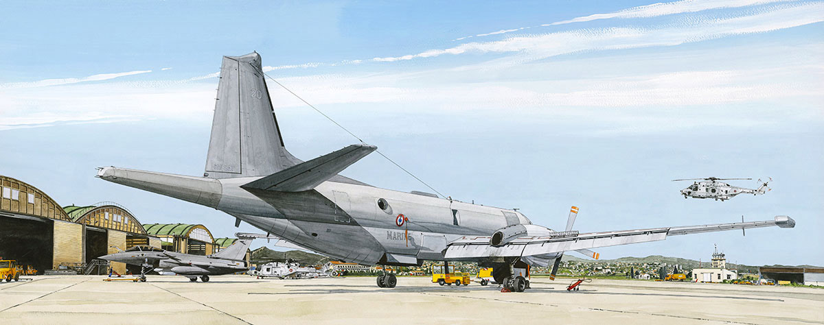 Réf. A-13.03 - La base de l'Aéronautique Navale de Hyères. Aquarelle/gouache 72x29 cm - Col. particulière