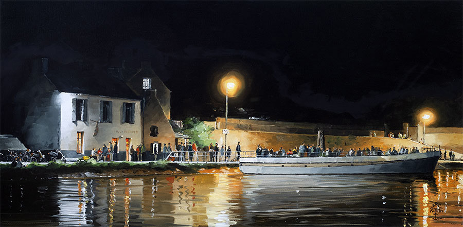 Réf. H-19.031 - Soirée entre barge et bar Chez Charlemagne, Ile aux Moines. Huile sur toile 60x30 cm - Col. Particulière