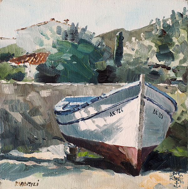 Réf. H-16.047 - Barque à la petite cale de Kadamyli. Grèce. Huile sur médium toilé 20x20 cm - 160 €