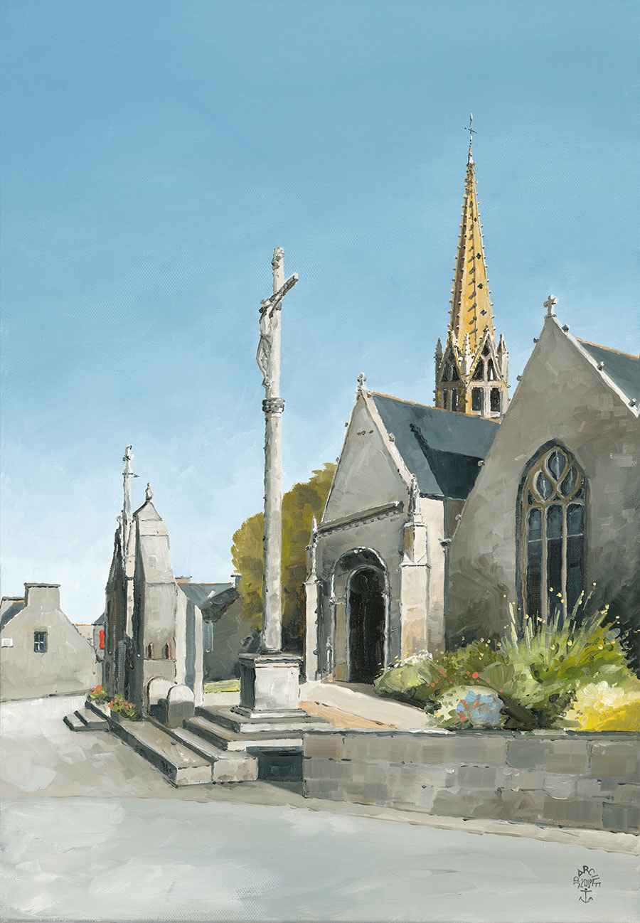 Réf. H-19.045 - Calvaire et église St-Onneau, Esquibien. Huile sur toile 38x55 cm - 1000 €