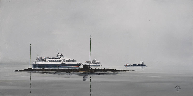 Réf. H-20.002 - Les mouillages d'Izenah Croisières aux abords des réchauds. Île aux Moines. Huile sur toile 30x60 cm - Col. Particulière