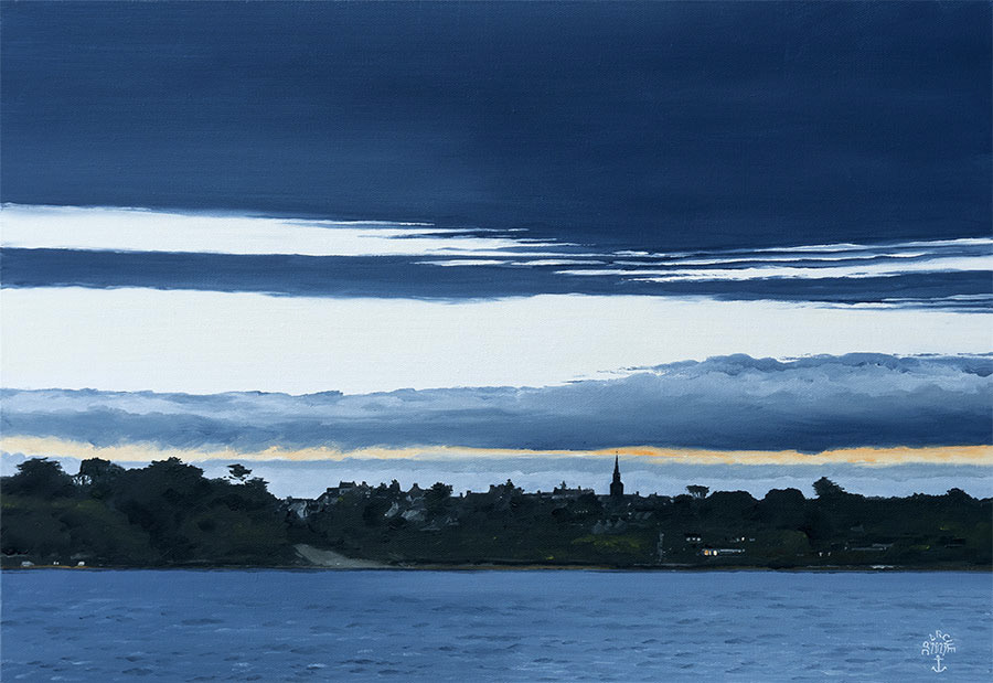 Réf. H-23.023 - Fin de nuit sur le bourg de l'île d'Arz. Huile sur toile 38x55 cm - 1100 €