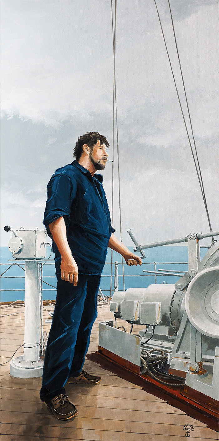 Réf. H-15.047 - Le "bosco" au guindeau sur le Belem. Huile sur toile 40x80 cm - 1400 €