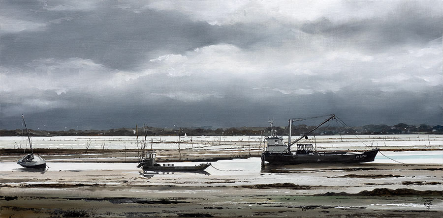 Réf. H-25.003- Barges ostréicoles à marée basse. Huile sur toile 80x40 cm. 1600 €