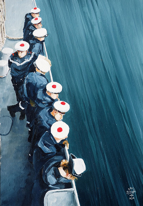 Réf. H-18.044 - Poste de manœuvre plage arrière du "Primauguet" en escale à Narvik (Norvège). Huile sur toile 22x32 cm