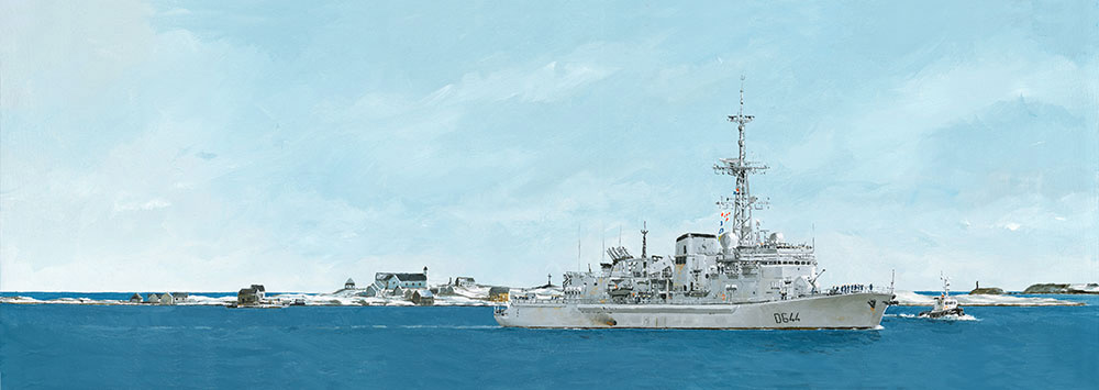 Réf. H-19.008 - Arrivée du Primauguet à St-Pierre & Miquelon. Huile sur toile 90x30 cm - 1300 €