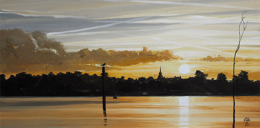 Réf. H-18.024 - Lever de soleil sur l'île d'Arz. Huile sur toile 60x30 cm - Col. Particulière