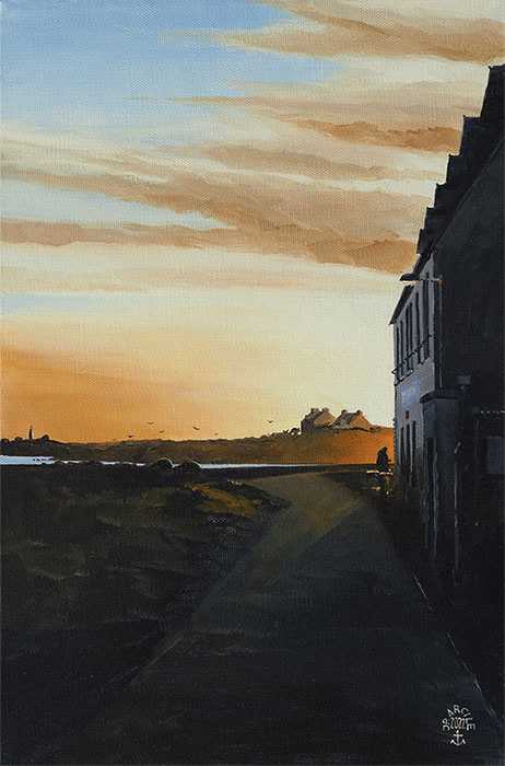 Réf. H-22.031 - C'est l'heure de l'apéro au couchant de l'hôtel d'Ar-Men, île de Sein. Huile sur toile 27x41 cm - 650 €