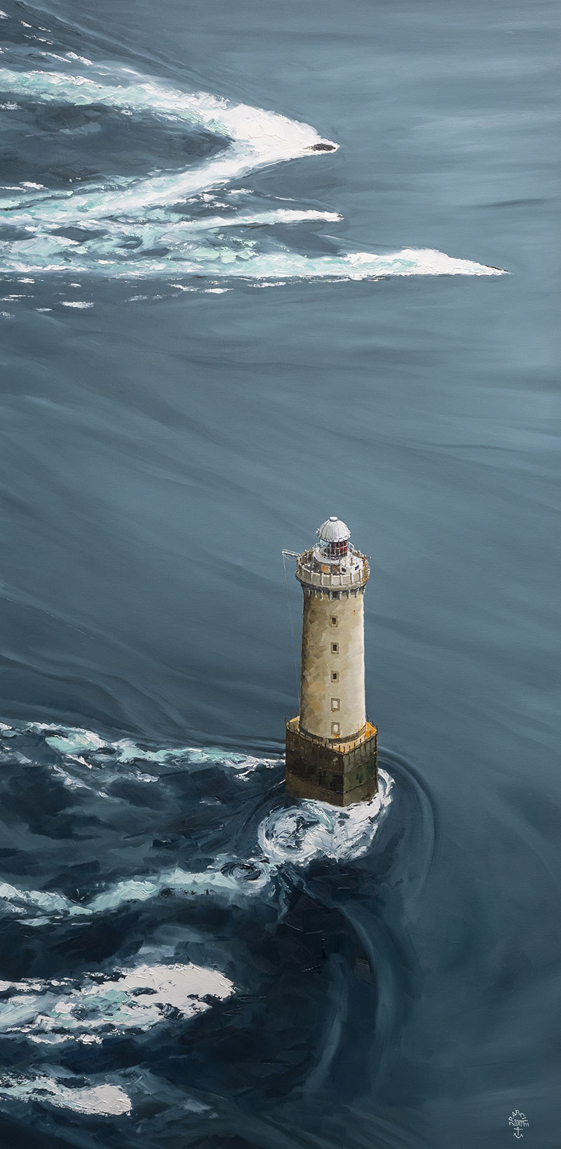 Pour le Salon de la Mer XXL à Nantes - Réf. H-19.014 - Kéréon, sentinelle en mer d'Iroise. Huile sur toile 97x195 cm