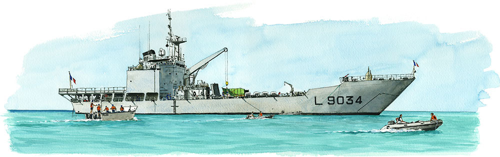 Réf. A-16.016 - Le La Grandière en mission de ravitaillement aux Îles Éparses. Aquarelle 45x21 cm