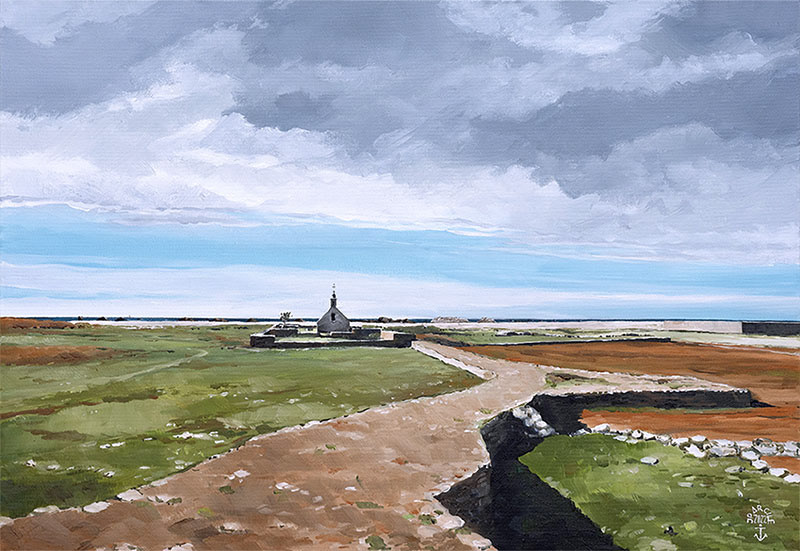 Réf. H-22.027 - La chapelle St-Corentin veille sur la chaussée, île de Sein. Huile sur toile 55x38 cm - 1000 €