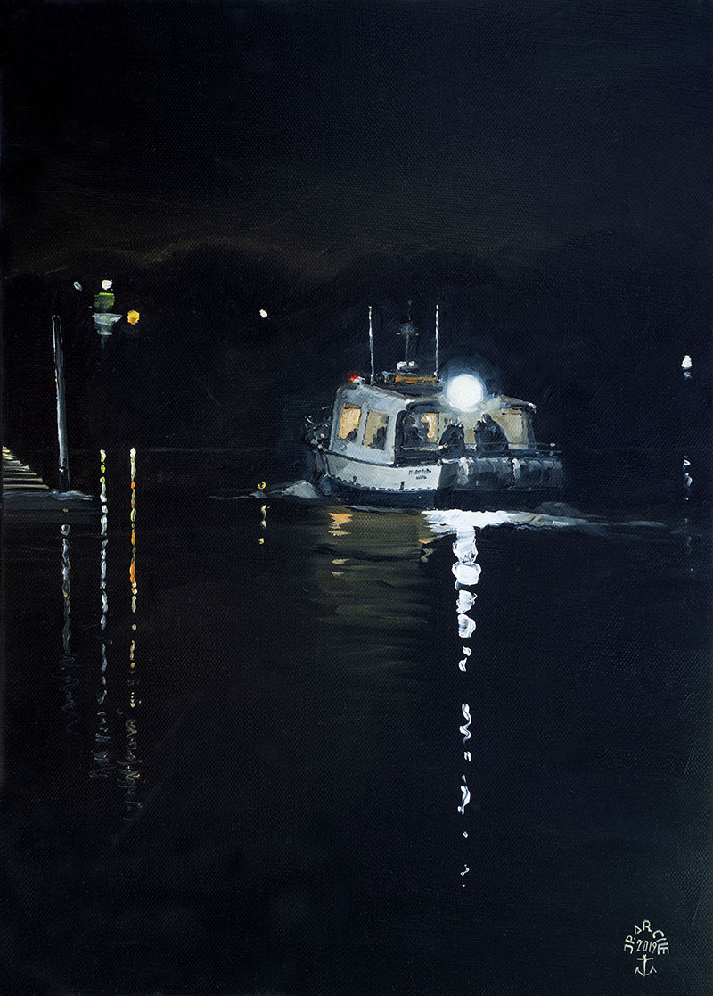 Réf. H-19.033 - Retour de nuit vers le continent,  Ile aux Moines. Huile sur toile 33x46 cm - Col. Particulière