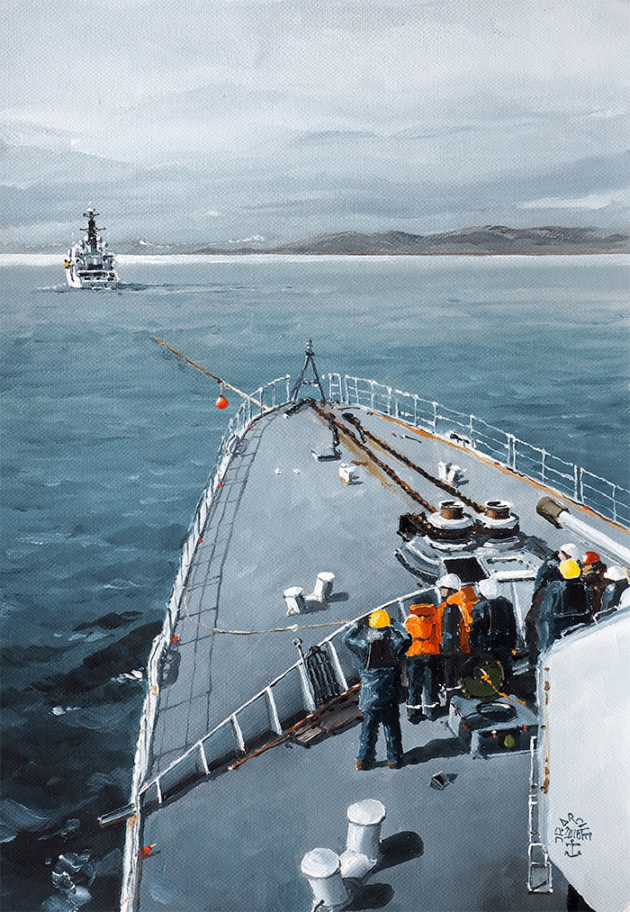 Réf. H-18.048 - Exercice de remorquage du Primauguet avec une garde cotes norvégien, à l'est des îles Lofoten. Huile sur toile 22x32 cm - 460 €