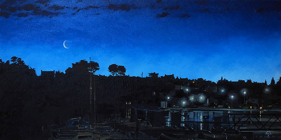 Réf. H-14.009 - Lever de lune sur le Lério. Huile sur toile  100x50 cm - Col. particulière