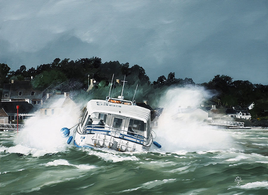 Réf. H-16.045 - Le passeur dans la plume, Ile aux Moines. Huile sur toile 73x54 cm - Col. Particulière